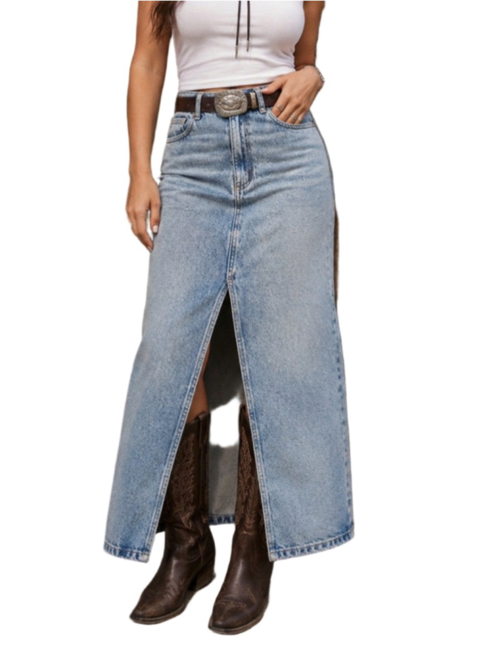 Dynamite High-Rise Denim Maxi Skirt with Front Slit - Light Wash (Size XS)